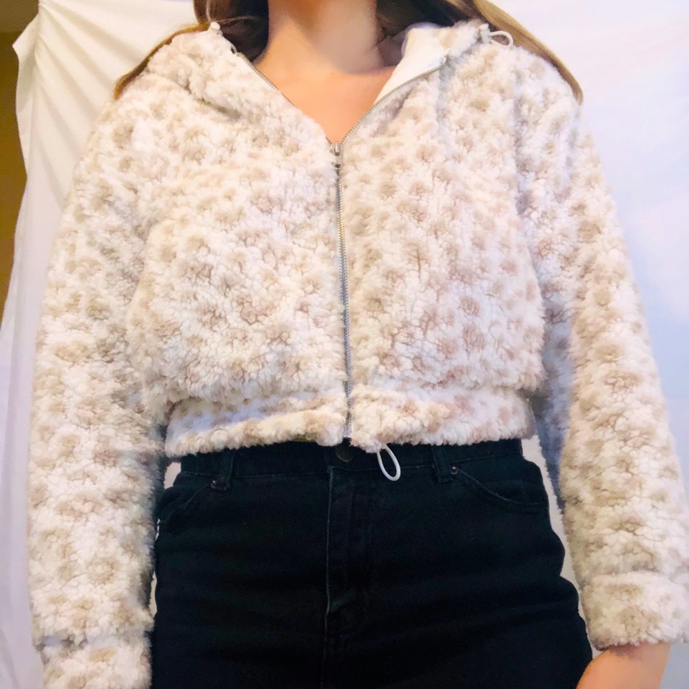 white fluffy cheetah zip up hoodie